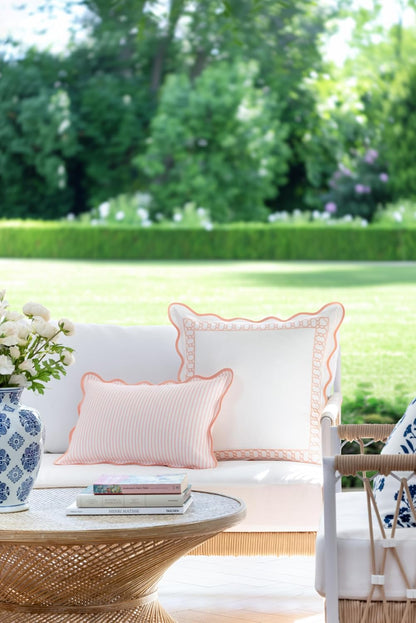 Coastal Patio Indoor Outdoor Scalloped Lumbar Pillow Cover Only, 12"x20" Water Repellent for Backyard, Couch, Blush Pink Print Stripes