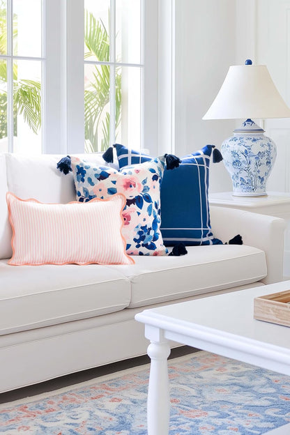 Coastal Patio Indoor Outdoor Scalloped Lumbar Pillow Cover Only, 12"x20" Water Repellent for Backyard, Couch, Blush Pink Print Stripes