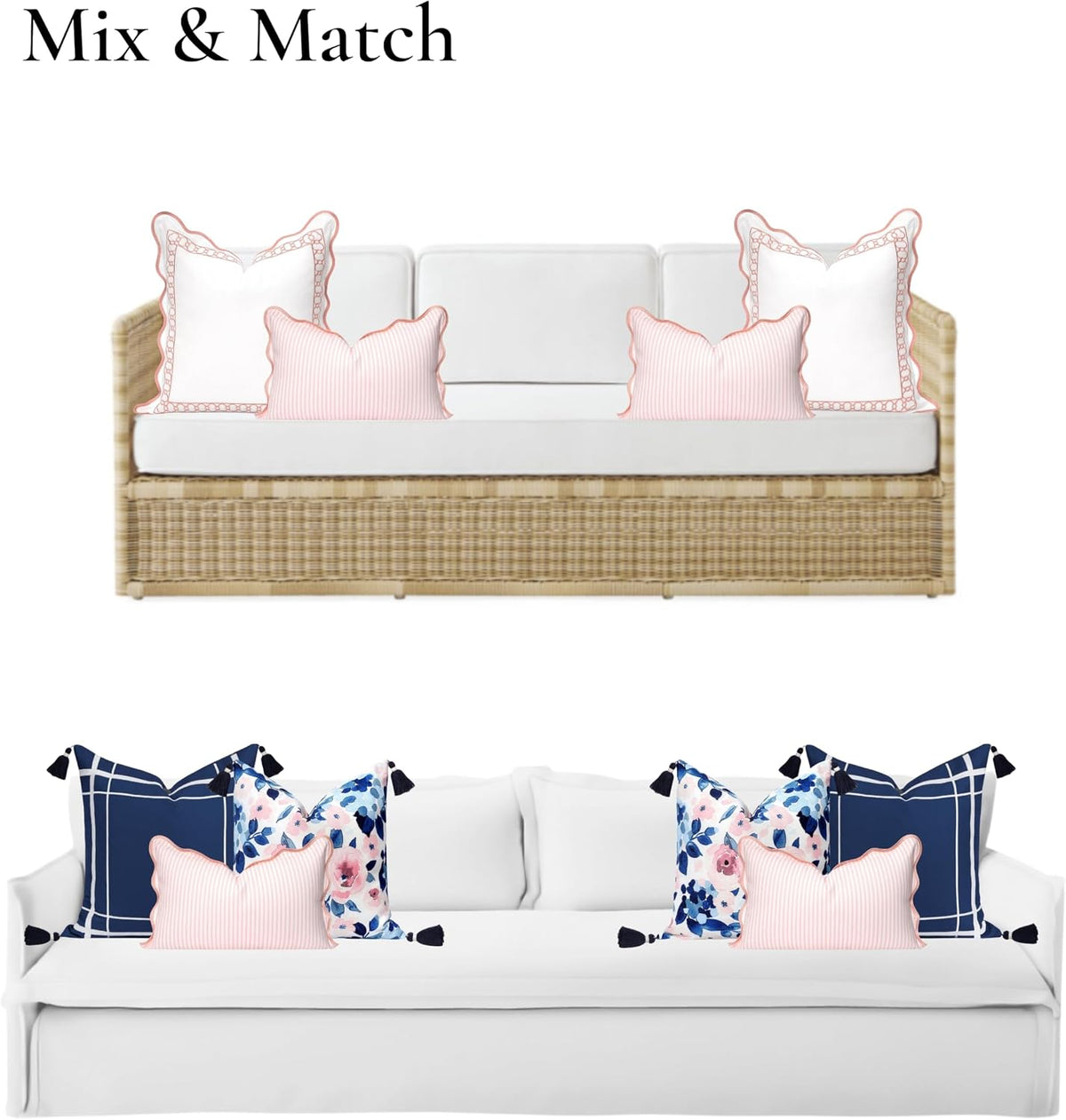 Coastal Patio Indoor Outdoor Scalloped Lumbar Pillow Cover Only, 12"x20" Water Repellent for Backyard, Couch, Blush Pink Print Stripes