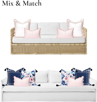 Coastal Patio Indoor Outdoor Scalloped Lumbar Pillow Cover Only, 12"x20" Water Repellent for Backyard, Couch, Blush Pink Print Stripes