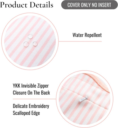 Coastal Patio Indoor Outdoor Scalloped Lumbar Pillow Cover Only, 12"x20" Water Repellent for Backyard, Couch, Blush Pink Print Stripes