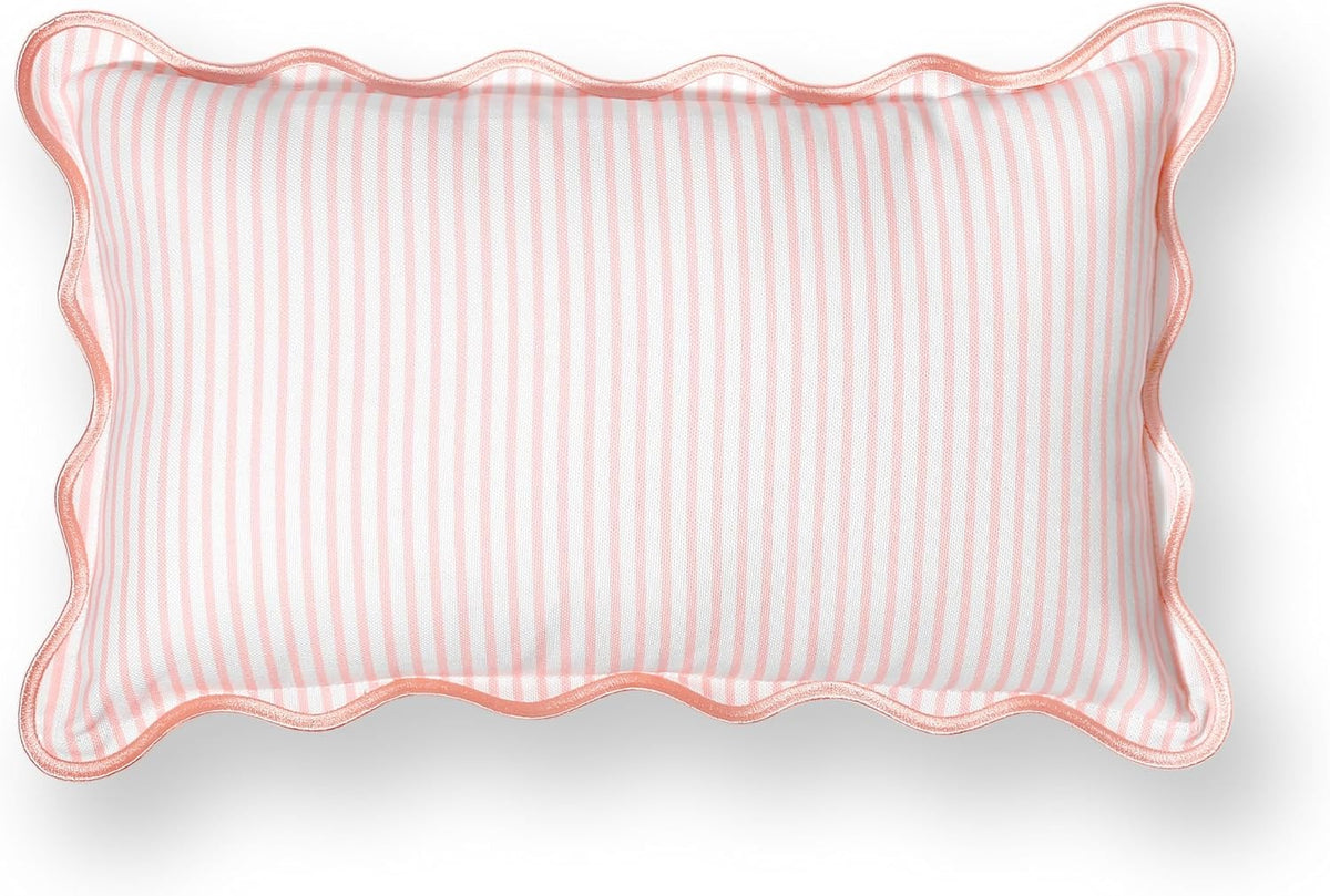 Coastal Patio Indoor Outdoor Scalloped Lumbar Pillow Cover Only, 12"x20" Water Repellent for Backyard, Couch, Blush Pink Print Stripes