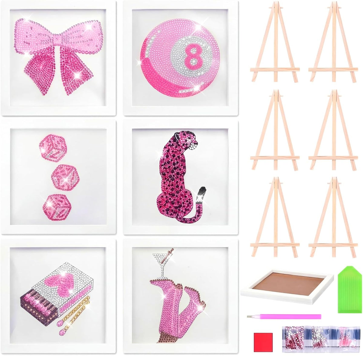 6 Pack Pink Diamond Painting, 6.7" All-Drill Special Shape 5D Art