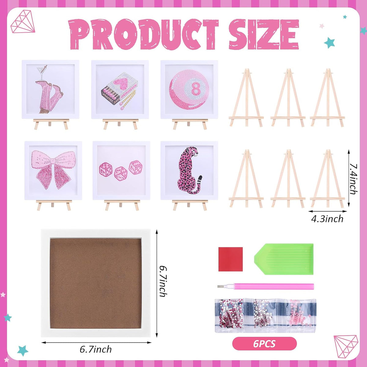6 Pack Pink Diamond Painting, 6.7" All-Drill Special Shape 5D Art