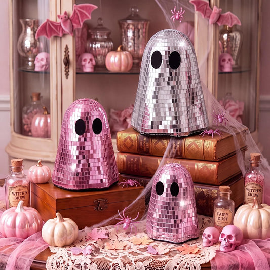 3 Pcs Halloween Disco Ghost Decor 6'' 5'' 4'' Glitter Ornament, Pink