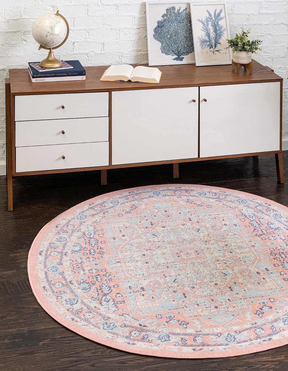 Whitney Collection Area Rug - Milano (3' 3" Round, Powder Pink/ Blue)