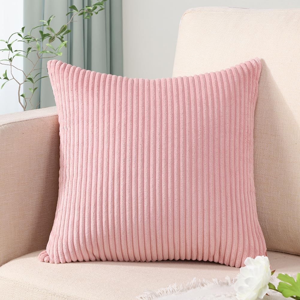 Cozy Striped Corduroy Pillow Covers Super Soft Decorative Square Throw Pillow Covers Case Cushion Covers for Sofa Couch Bedroom Car Decor 18 x 18 Inches, Pink