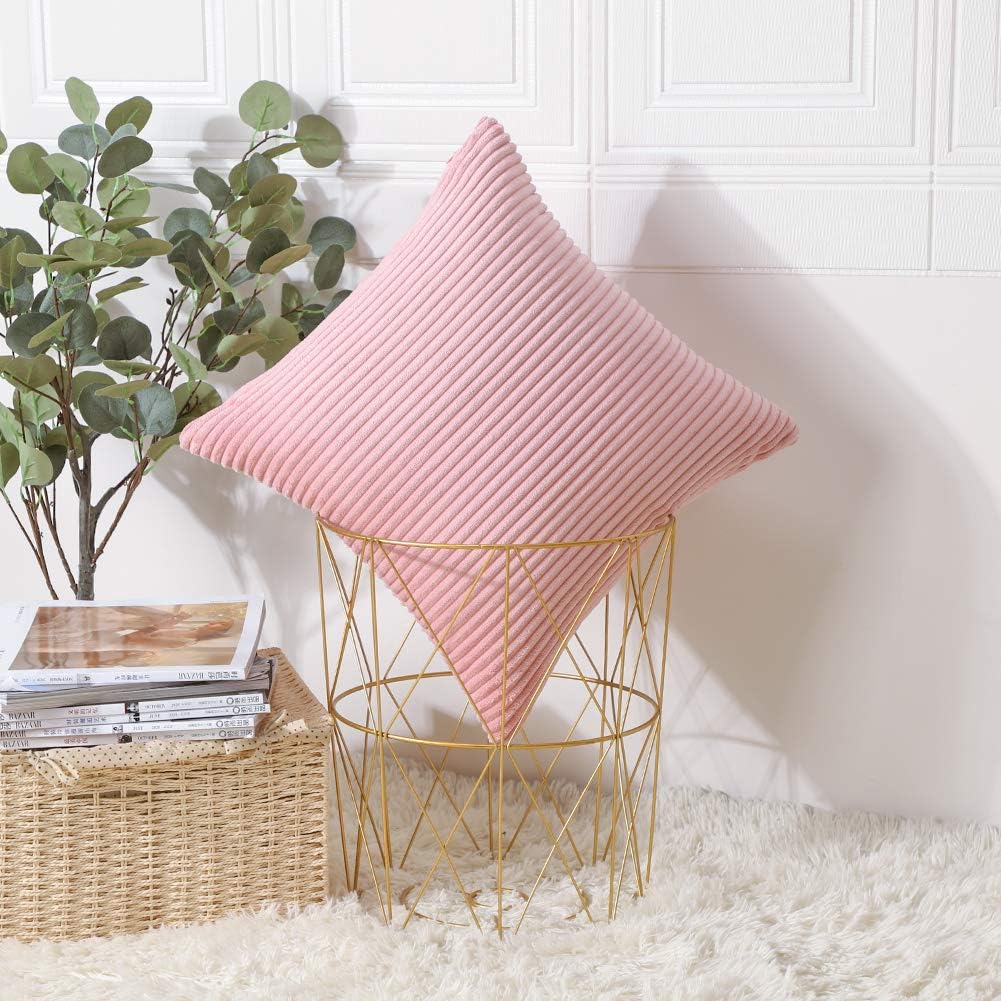 Cozy Striped Corduroy Pillow Covers Super Soft Decorative Square Throw Pillow Covers Case Cushion Covers for Sofa Couch Bedroom Car Decor 18 x 18 Inches, Pink