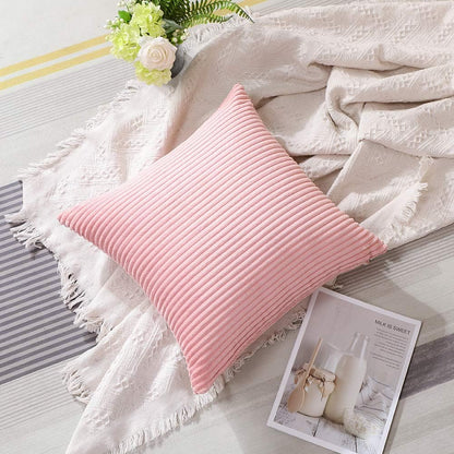 Cozy Striped Corduroy Pillow Covers Super Soft Decorative Square Throw Pillow Covers Case Cushion Covers for Sofa Couch Bedroom Car Decor 18 x 18 Inches, Pink
