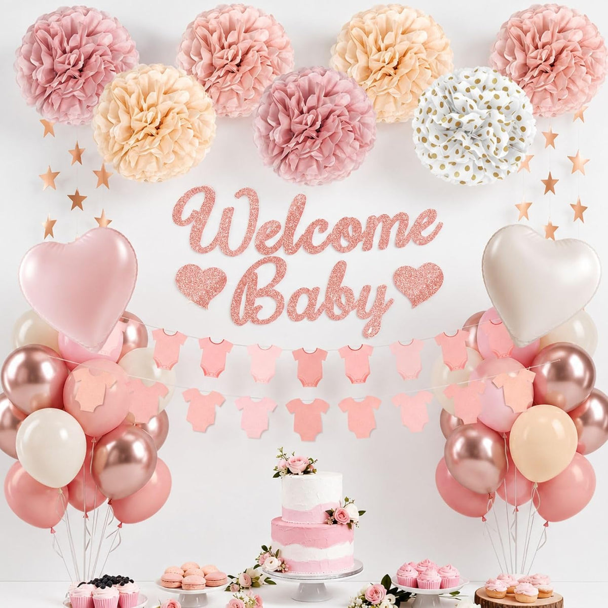 Pink Baby Shower Decorations with Dusty Light Pink Beige Gold Paper Pompoms