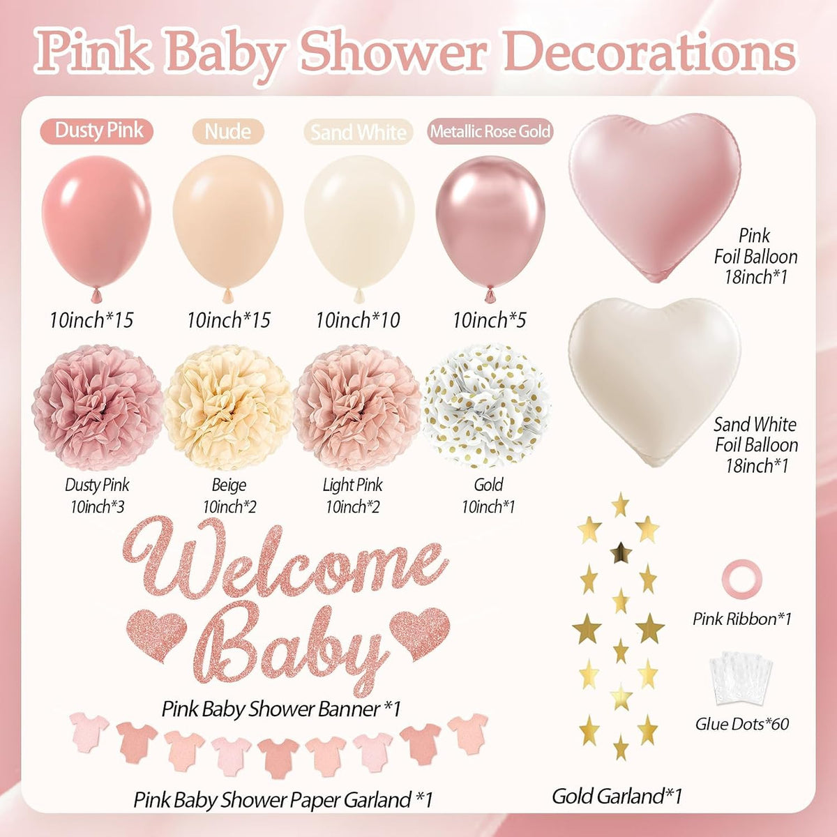 Pink Baby Shower Decorations with Dusty Light Pink Beige Gold Paper Pompoms