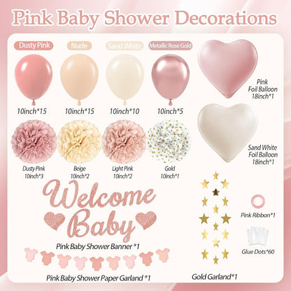 Pink Baby Shower Decorations with Dusty Light Pink Beige Gold Paper Pompoms