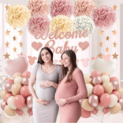Pink Baby Shower Decorations with Dusty Light Pink Beige Gold Paper Pompoms
