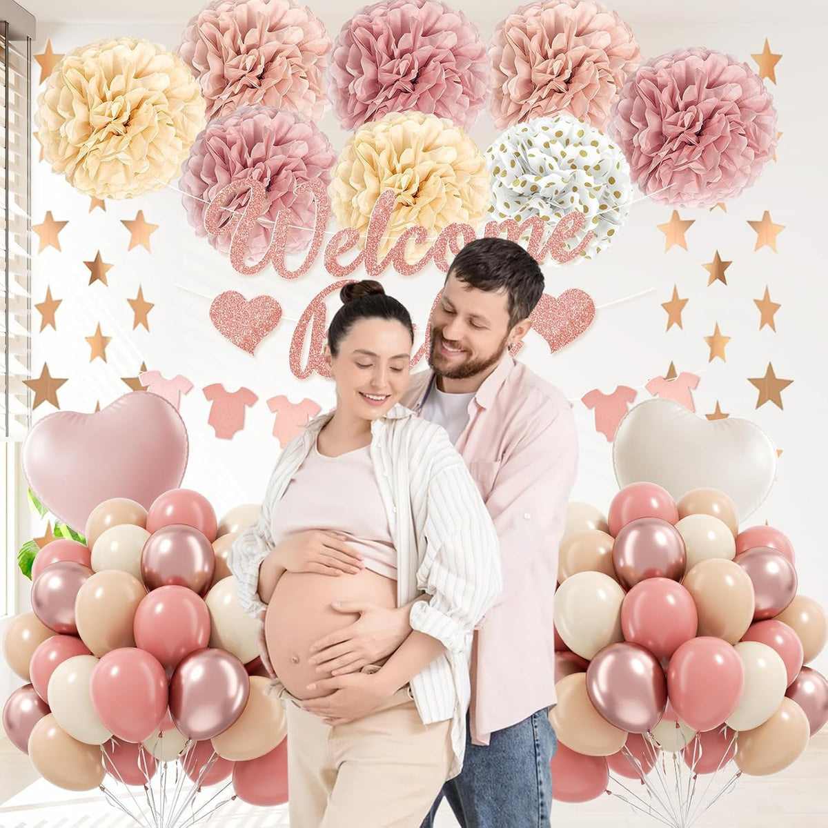 Pink Baby Shower Decorations with Dusty Light Pink Beige Gold Paper Pompoms