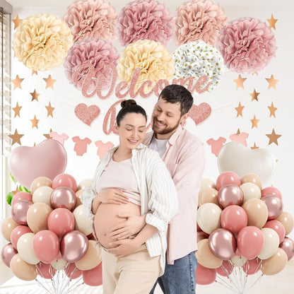 Pink Baby Shower Decorations with Dusty Light Pink Beige Gold Paper Pompoms