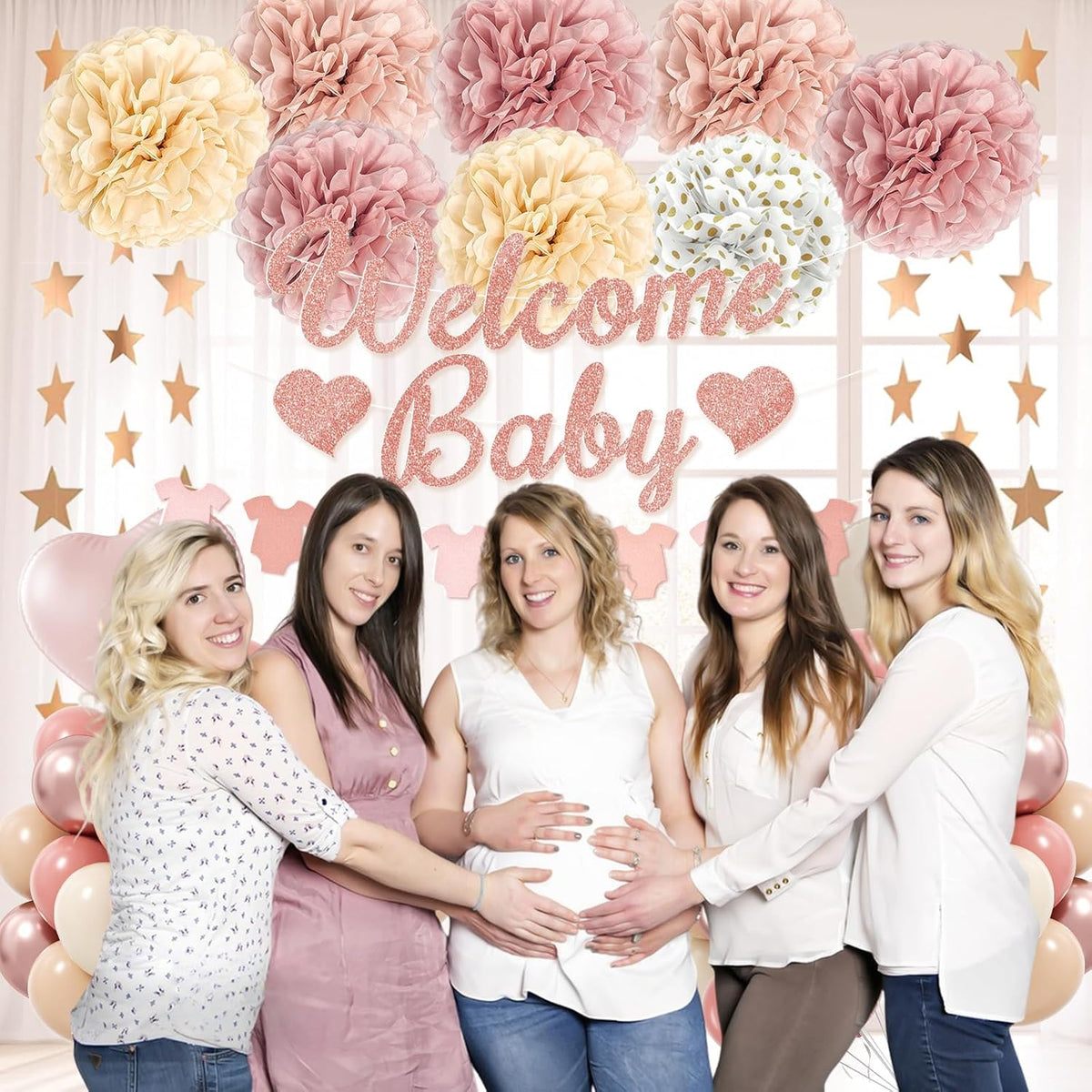 Pink Baby Shower Decorations with Dusty Light Pink Beige Gold Paper Pompoms