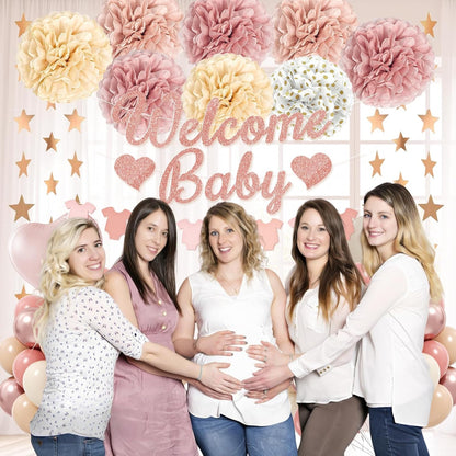 Pink Baby Shower Decorations with Dusty Light Pink Beige Gold Paper Pompoms