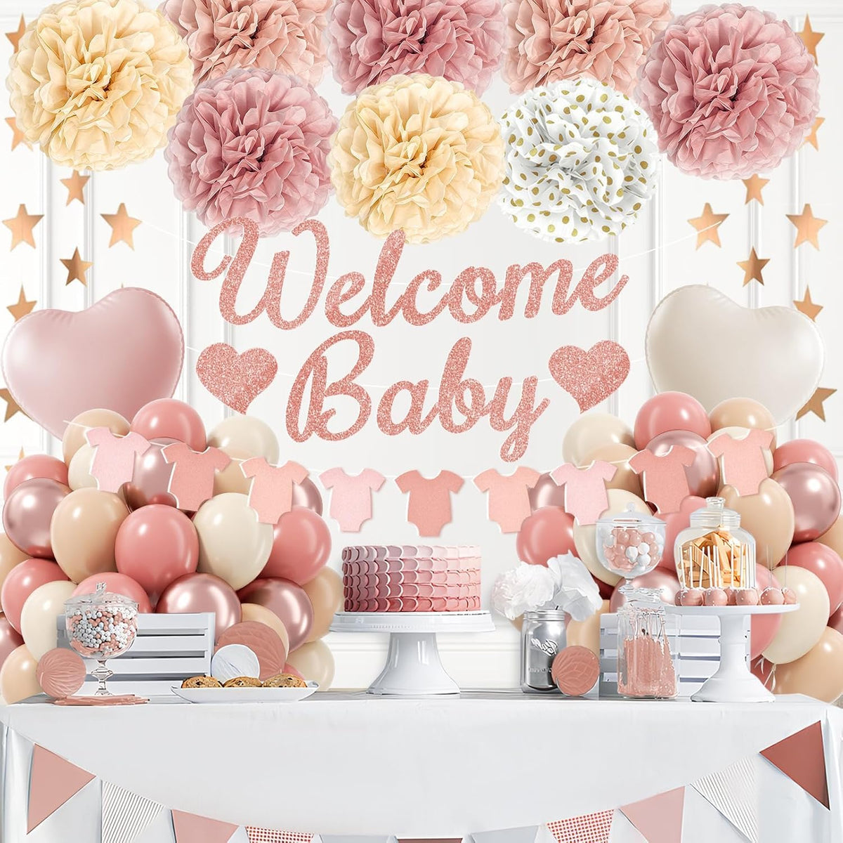 Pink Baby Shower Decorations with Dusty Light Pink Beige Gold Paper Pompoms