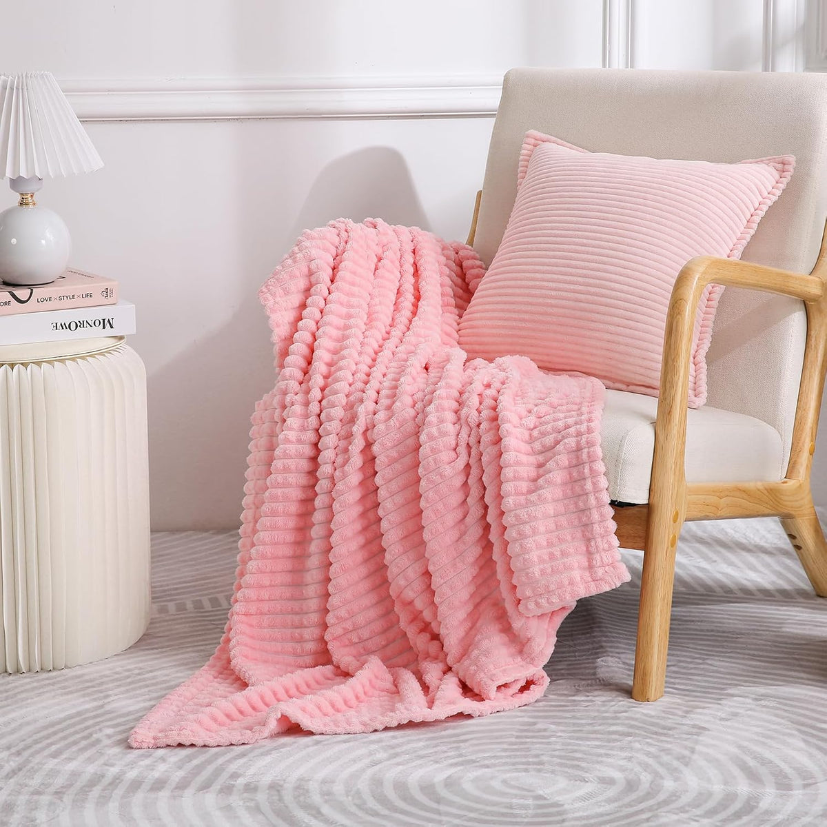 Fleece Throw Blanket Light Pink 50"×60" with Square Grid Design