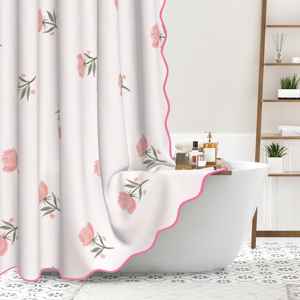 Floral Scalloped Shower Curtain with 12 Hooks 71x74Inches