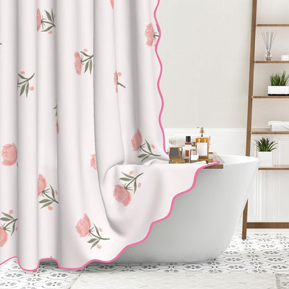 Floral Scalloped Shower Curtain with 12 Hooks 71x74Inches