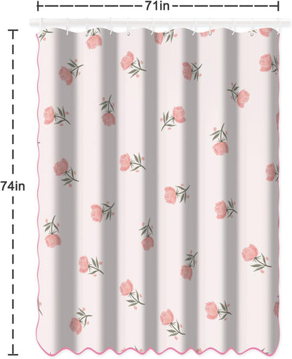 Floral Scalloped Shower Curtain with 12 Hooks 71x74Inches