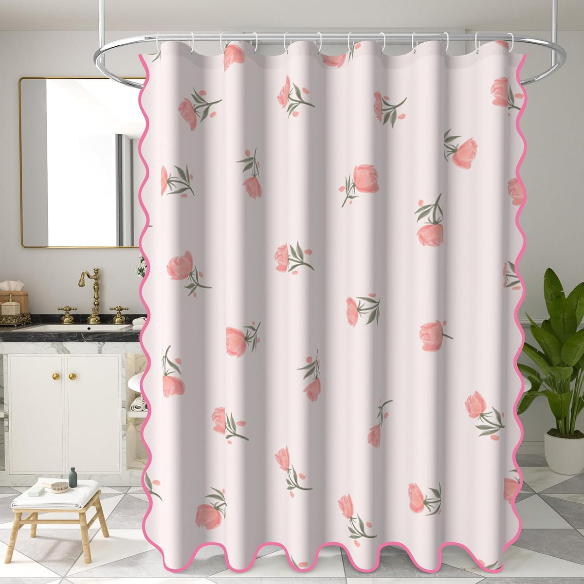 Floral Scalloped Shower Curtain with 12 Hooks 71x74Inches