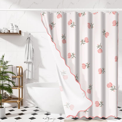 Floral Scalloped Shower Curtain with 12 Hooks 71x74Inches