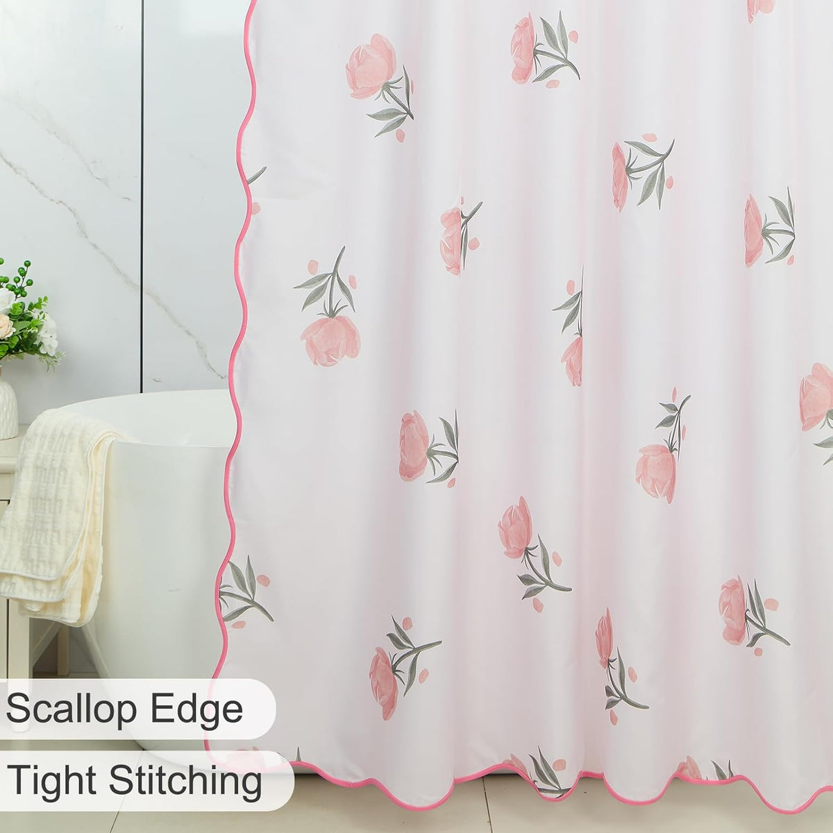 Floral Scalloped Shower Curtain with 12 Hooks 71x74Inches