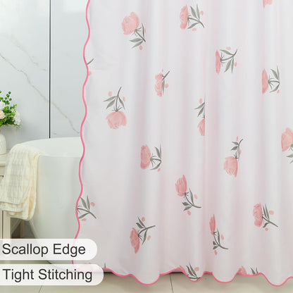 Floral Scalloped Shower Curtain with 12 Hooks 71x74Inches