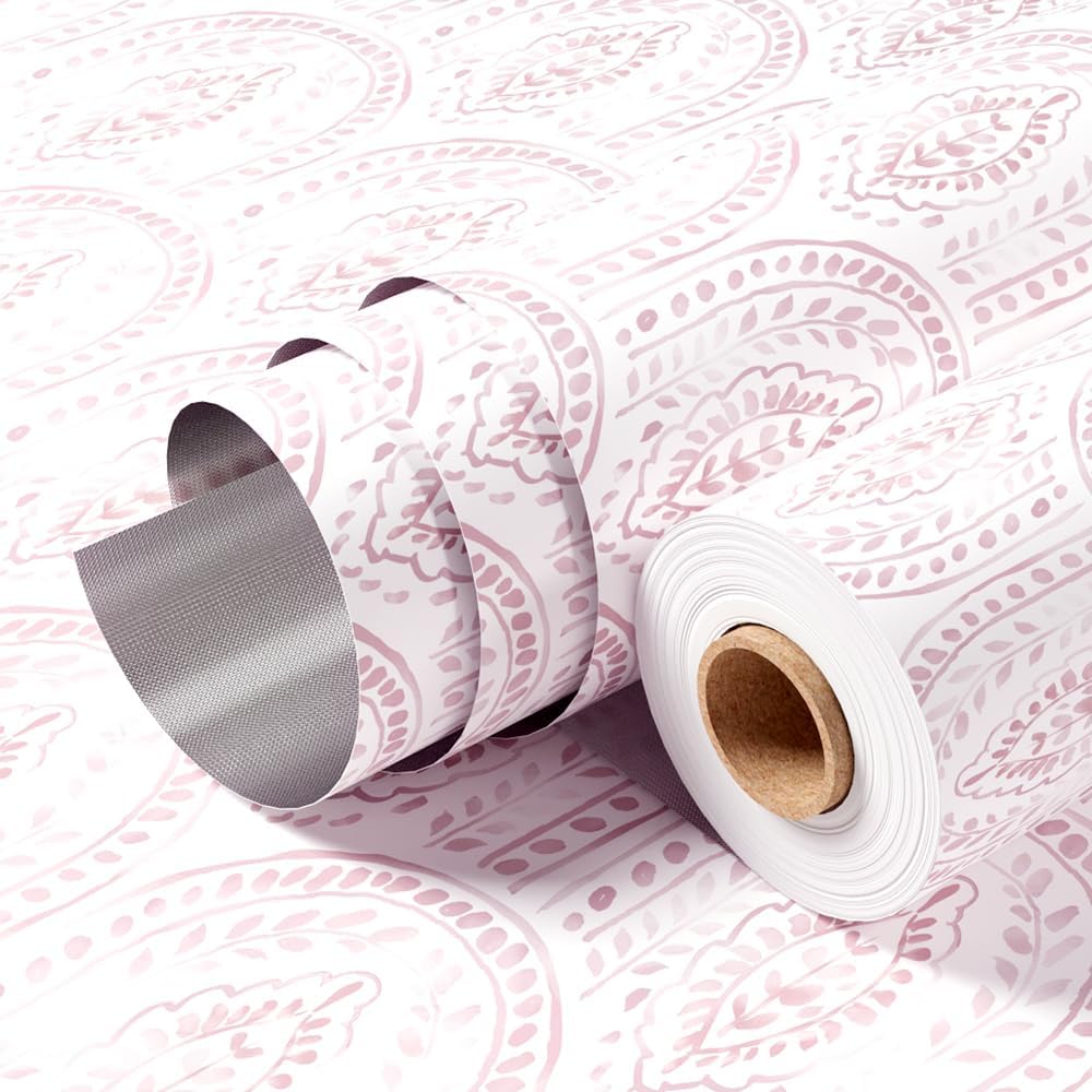 Boho Leaves Peel and Stick Wallpaper, Pink,17.7 x 118.1 in