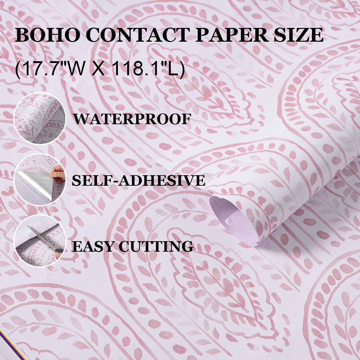 Boho Leaves Peel and Stick Wallpaper, Pink,17.7 x 118.1 in