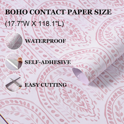 Boho Leaves Peel and Stick Wallpaper, Pink,17.7 x 118.1 in