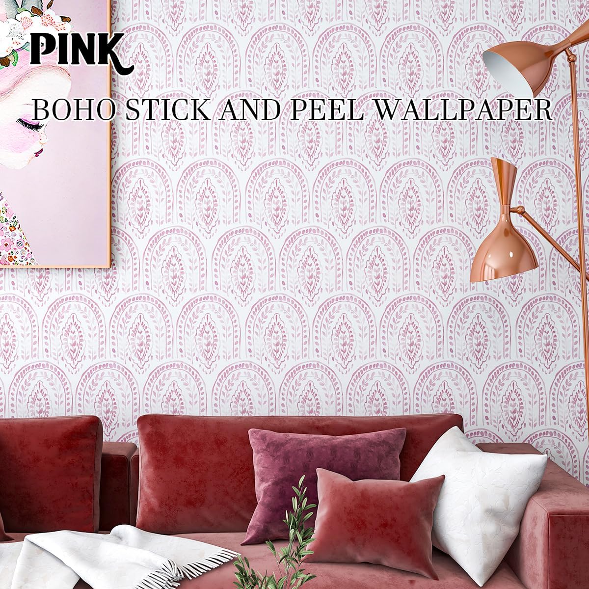 Boho Leaves Peel and Stick Wallpaper, Pink,17.7 x 118.1 in
