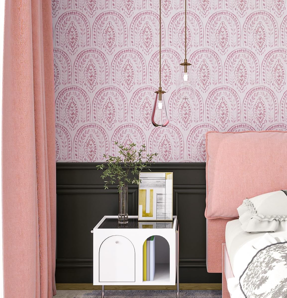 Boho Leaves Peel and Stick Wallpaper, Pink,17.7 x 118.1 in