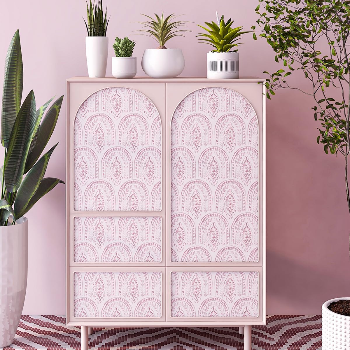 Boho Leaves Peel and Stick Wallpaper, Pink,17.7 x 118.1 in