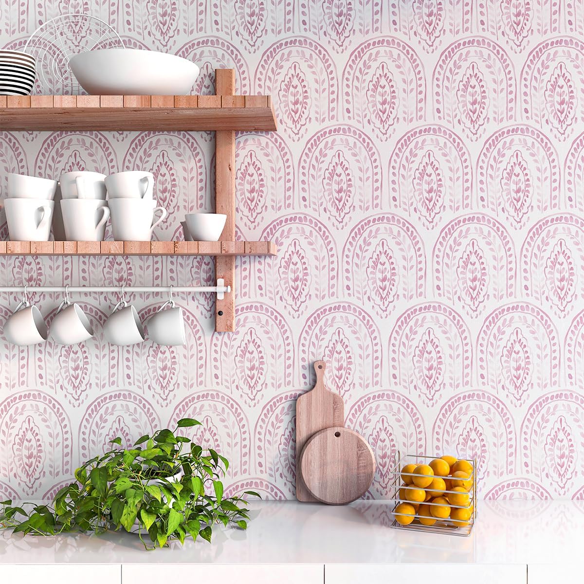Boho Leaves Peel and Stick Wallpaper, Pink,17.7 x 118.1 in