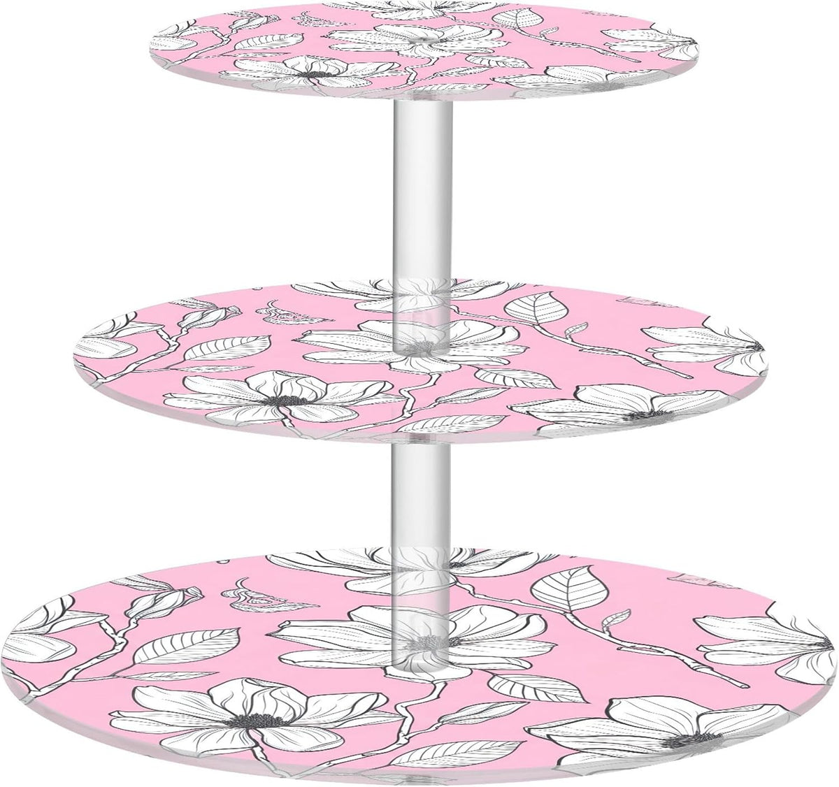White Floral Light Pink 3 Tier Cupcake Stand Tea Party Cup Cake Tower Acrylic Display Serving Donut Stands for Dessert Holder Table Print Graduation