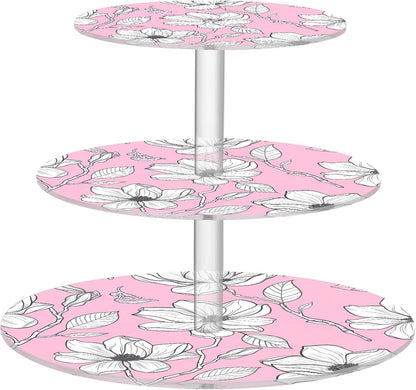 White Floral Light Pink 3 Tier Cupcake Stand Tea Party Cup Cake Tower Acrylic Display Serving Donut Stands for Dessert Holder Table Print Graduation