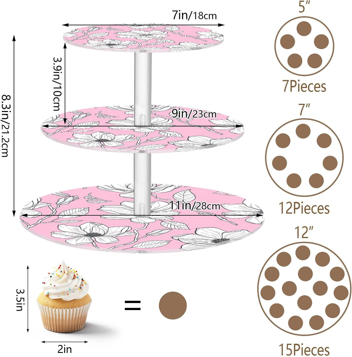 White Floral Light Pink 3 Tier Cupcake Stand Tea Party Cup Cake Tower Acrylic Display Serving Donut Stands for Dessert Holder Table Print Graduation