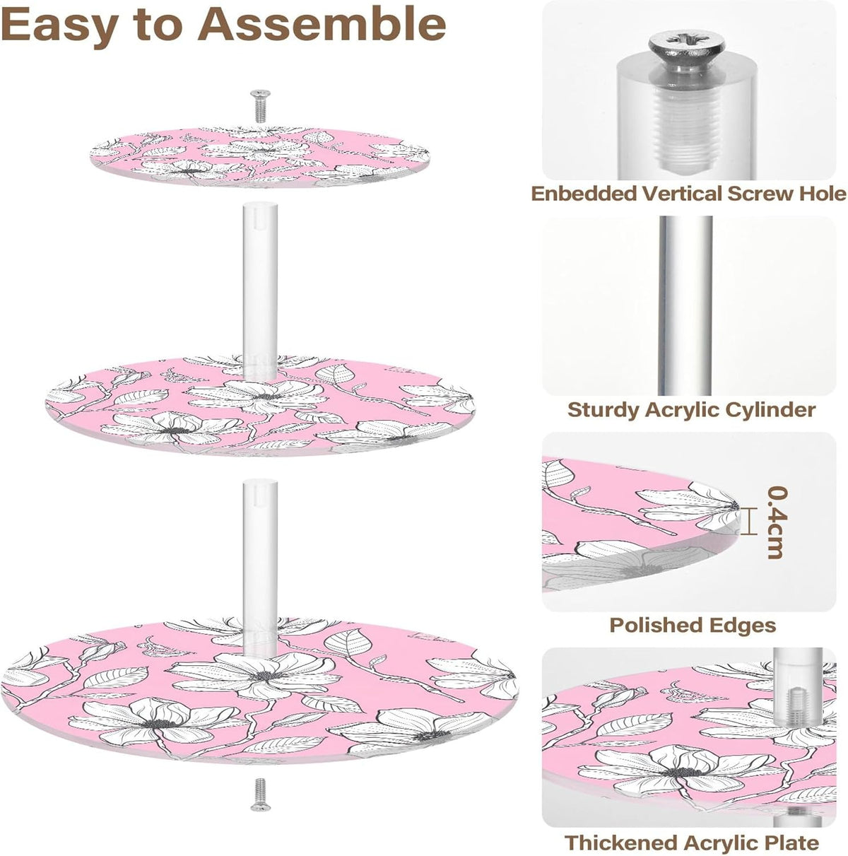 White Floral Light Pink 3 Tier Cupcake Stand Tea Party Cup Cake Tower Acrylic Display Serving Donut Stands for Dessert Holder Table Print Graduation