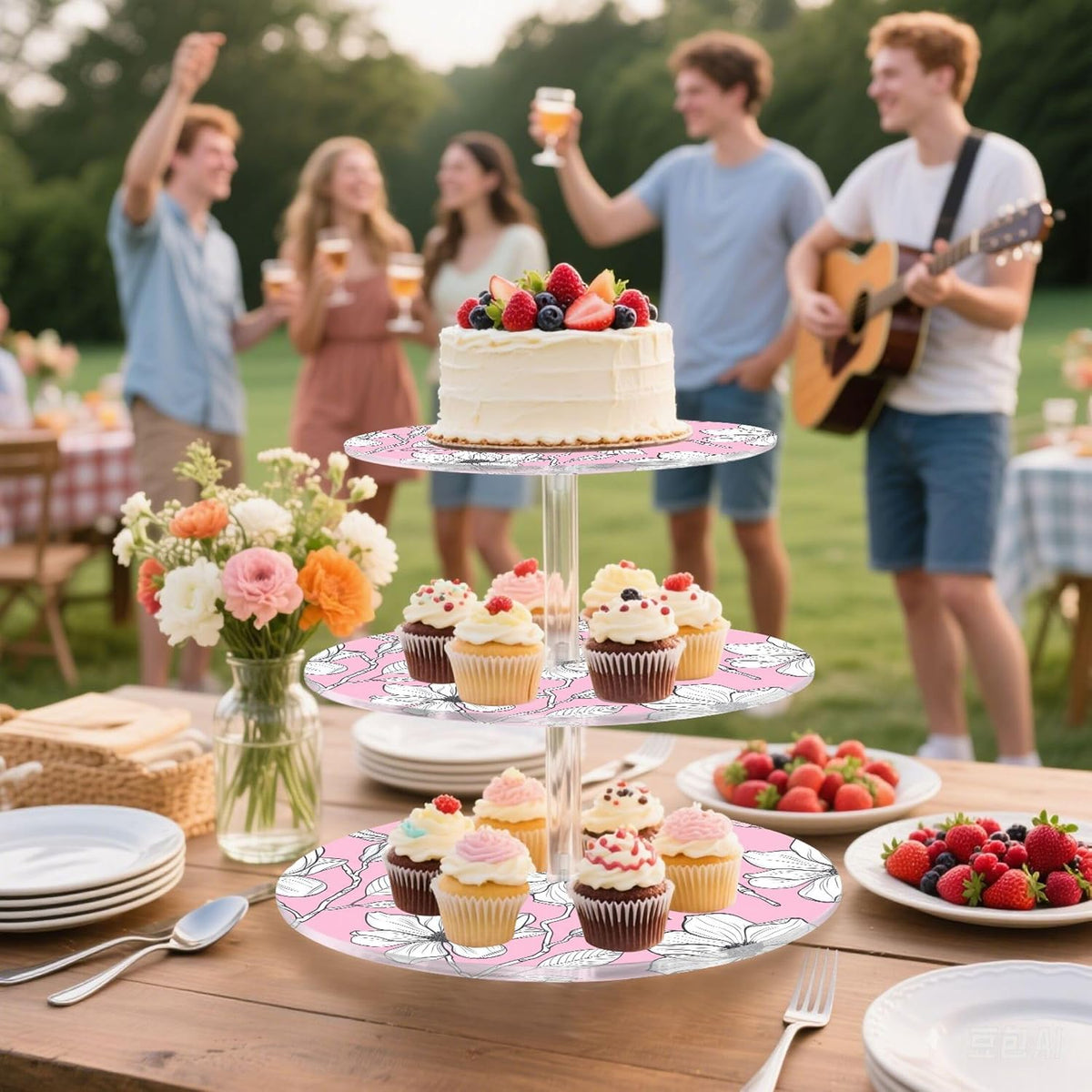 White Floral Light Pink 3 Tier Cupcake Stand Tea Party Cup Cake Tower Acrylic Display Serving Donut Stands for Dessert Holder Table Print Graduation
