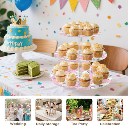 White Floral Light Pink 3 Tier Cupcake Stand Tea Party Cup Cake Tower Acrylic Display Serving Donut Stands for Dessert Holder Table Print Graduation