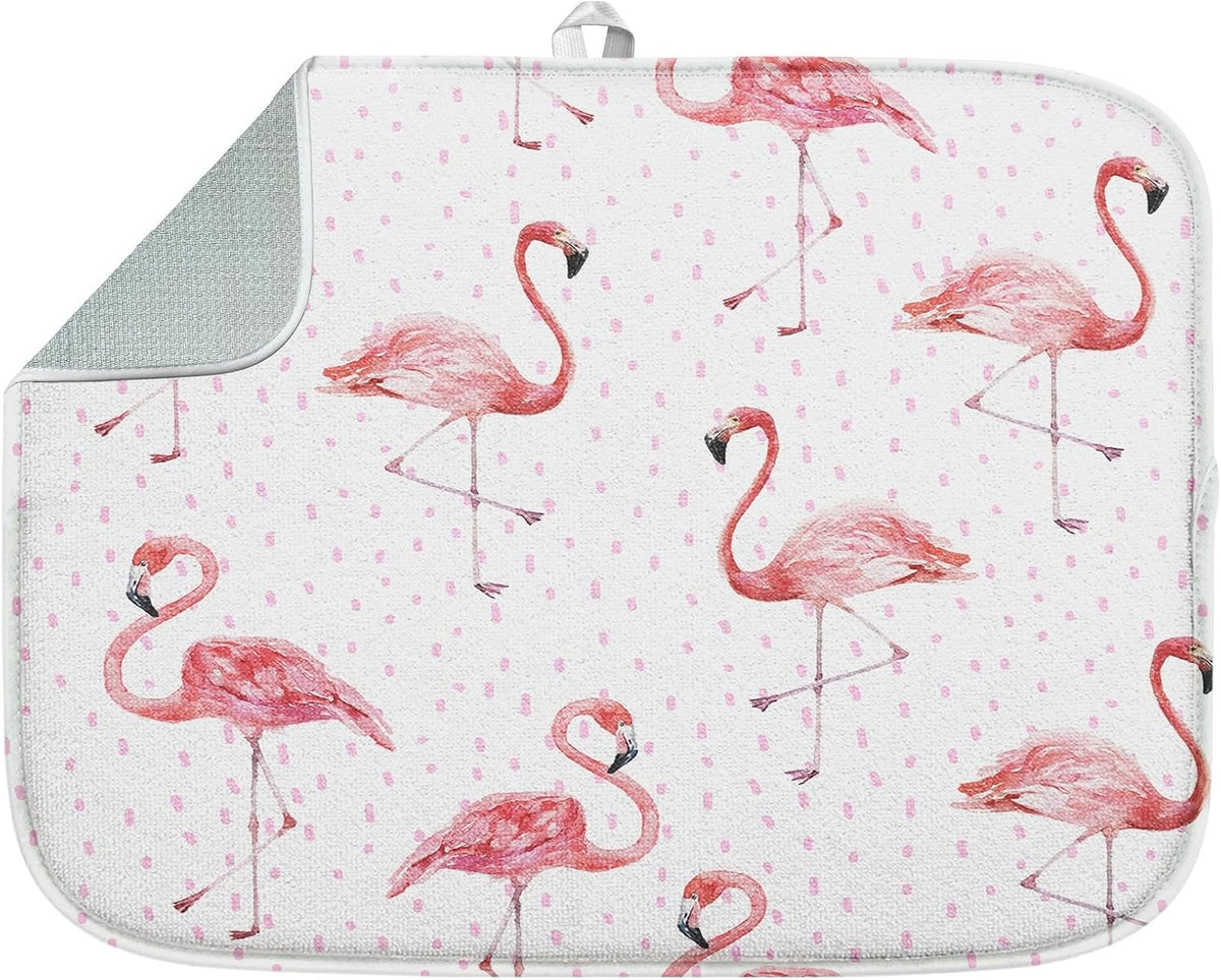 Sanwarm Absorbent Dish Drying Mat for Kitchen Counter, 18" x 24", Flamingo