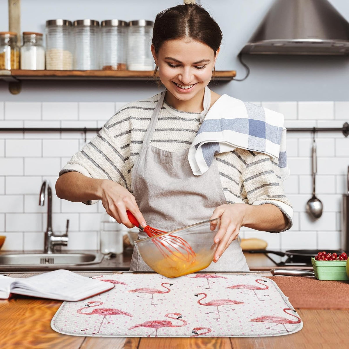 Sanwarm Absorbent Dish Drying Mat for Kitchen Counter, 18" x 24", Flamingo