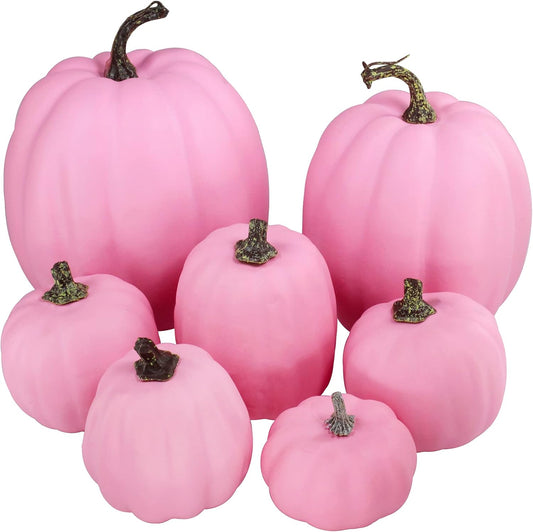 7 Pcs Assorted Sizes Fall Artificial Pink Pumpkins Harvest Faux Foam Pumpkins for Fall Autumn Season Halloween Thanksgiving Harvest Holiday Season Festive Tabletop Decoration