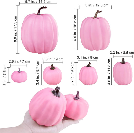 7 Pcs Assorted Sizes Fall Artificial Pink Pumpkins Harvest Faux Foam Pumpkins for Fall Autumn Season Halloween Thanksgiving Harvest Holiday Season Festive Tabletop Decoration