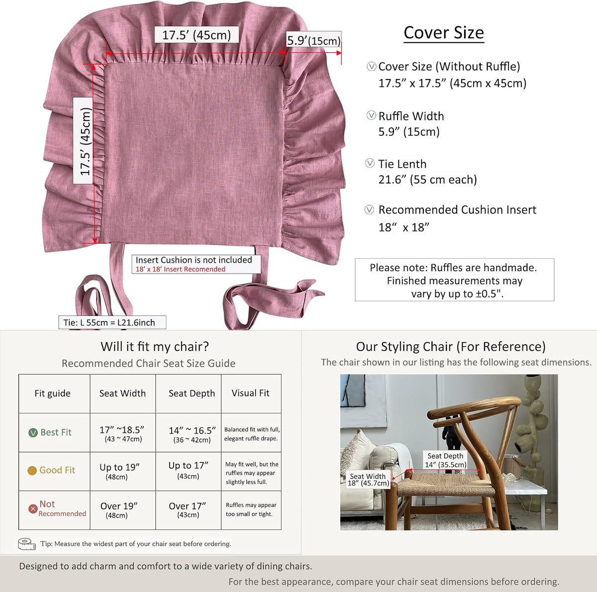 Ruffled Chair Pad Cover with Ties, 17.5" x 17.5", Indian Pink
