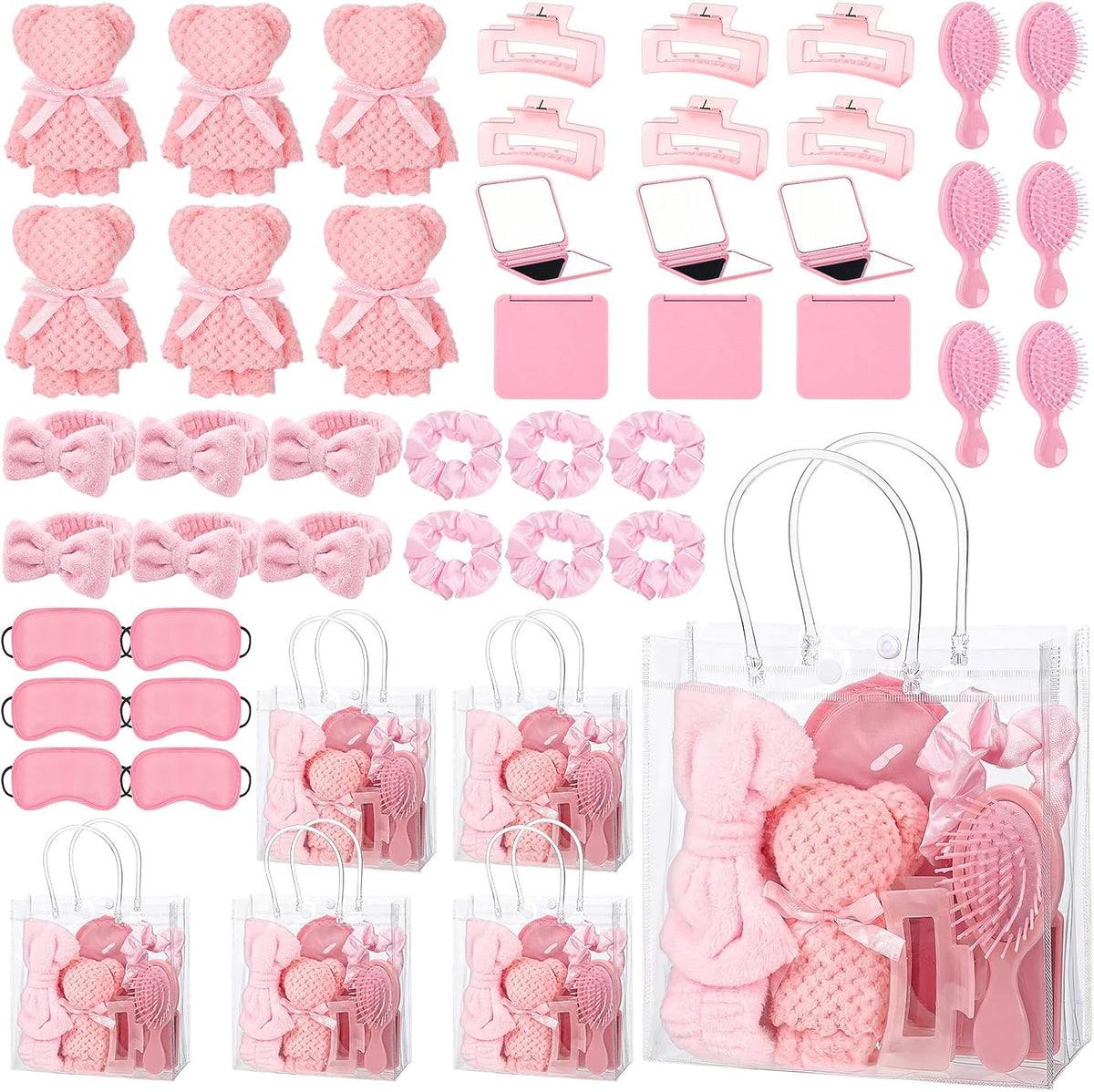 54 Pcs Spa Sleepover Party Supplies Include Bow Headband Eye Mask Bath Towel Scrunchies Hair Clip Comb Powder Puff Mirror Gift Bags for Women Girls Slumber Party Favors(Pink)