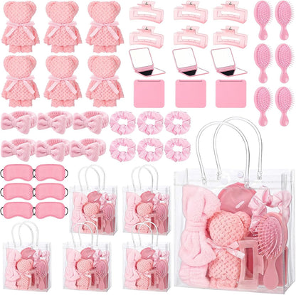 54 Pcs Spa Sleepover Party Supplies Include Bow Headband Eye Mask Bath Towel Scrunchies Hair Clip Comb Powder Puff Mirror Gift Bags for Women Girls Slumber Party Favors(Pink)